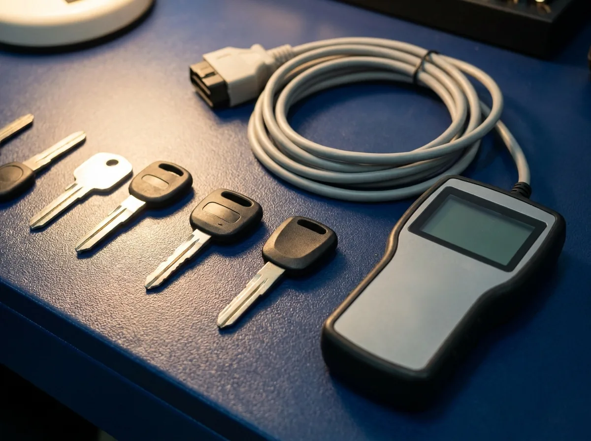 Vehicle keys and programming tools arranged on a blue locksmith work surface