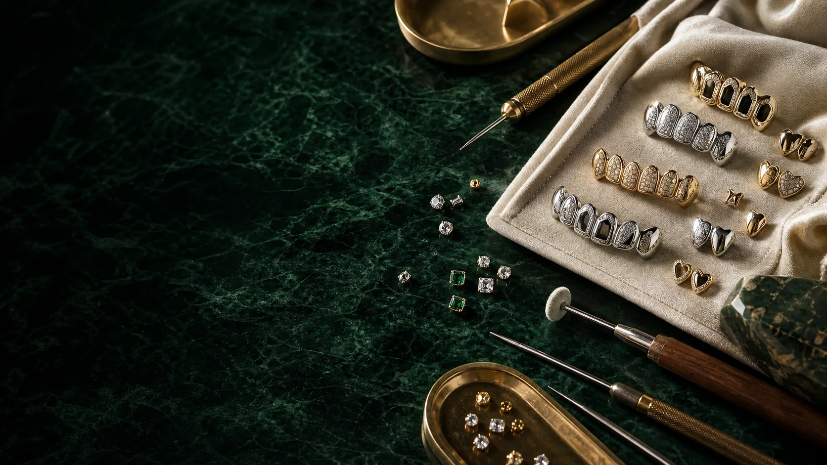 Gold and silver grillz on an emerald jewellery table