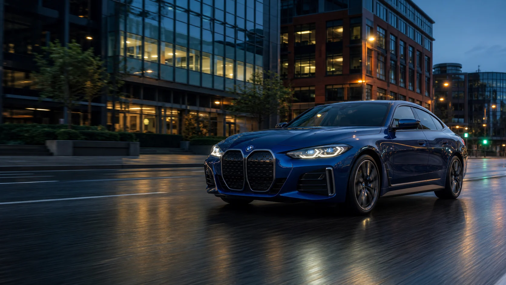 Blue BMW i4 driving through Manchester at blue hour
