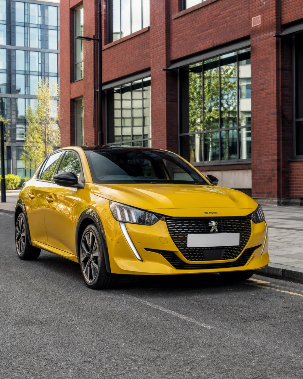 Yellow Peugeot 208 parked on a Manchester city street