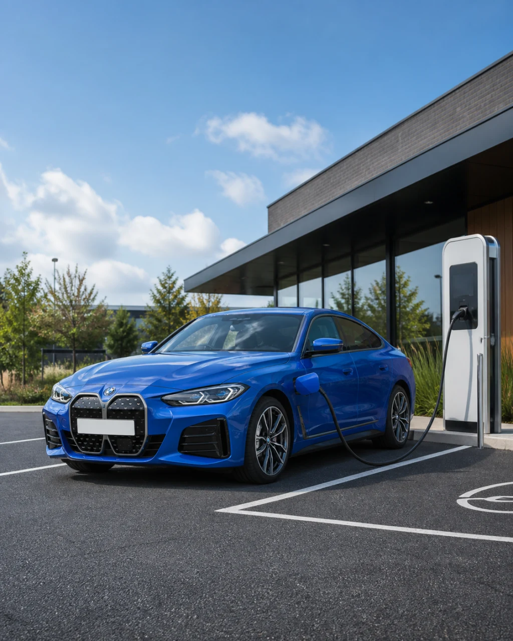 Blue BMW i4 parked and connected to an electric charger