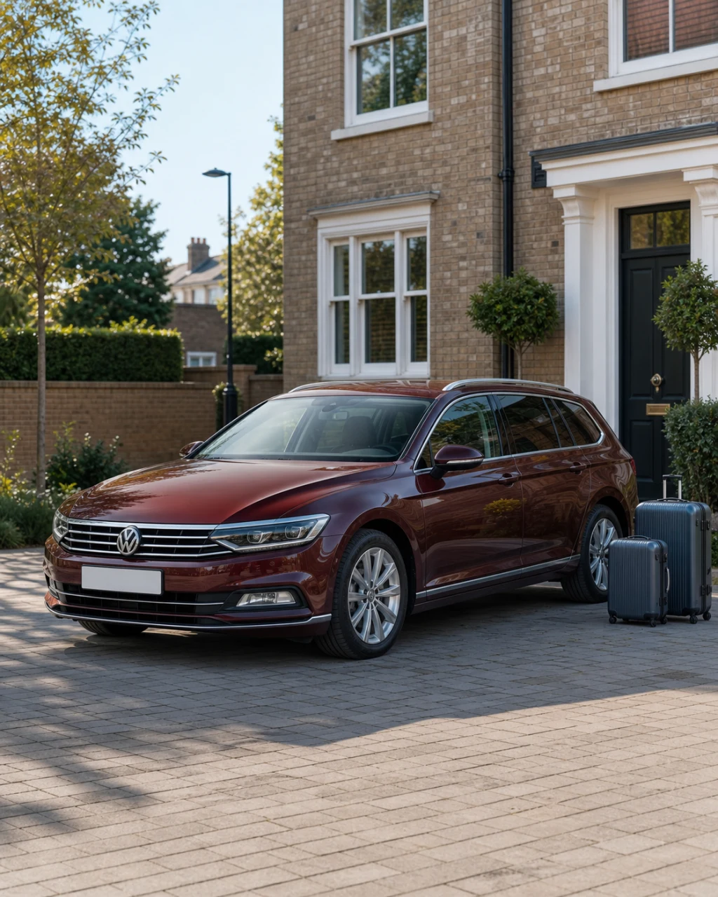 Burgundy Volkswagen Passat Estate parked beside travel luggage