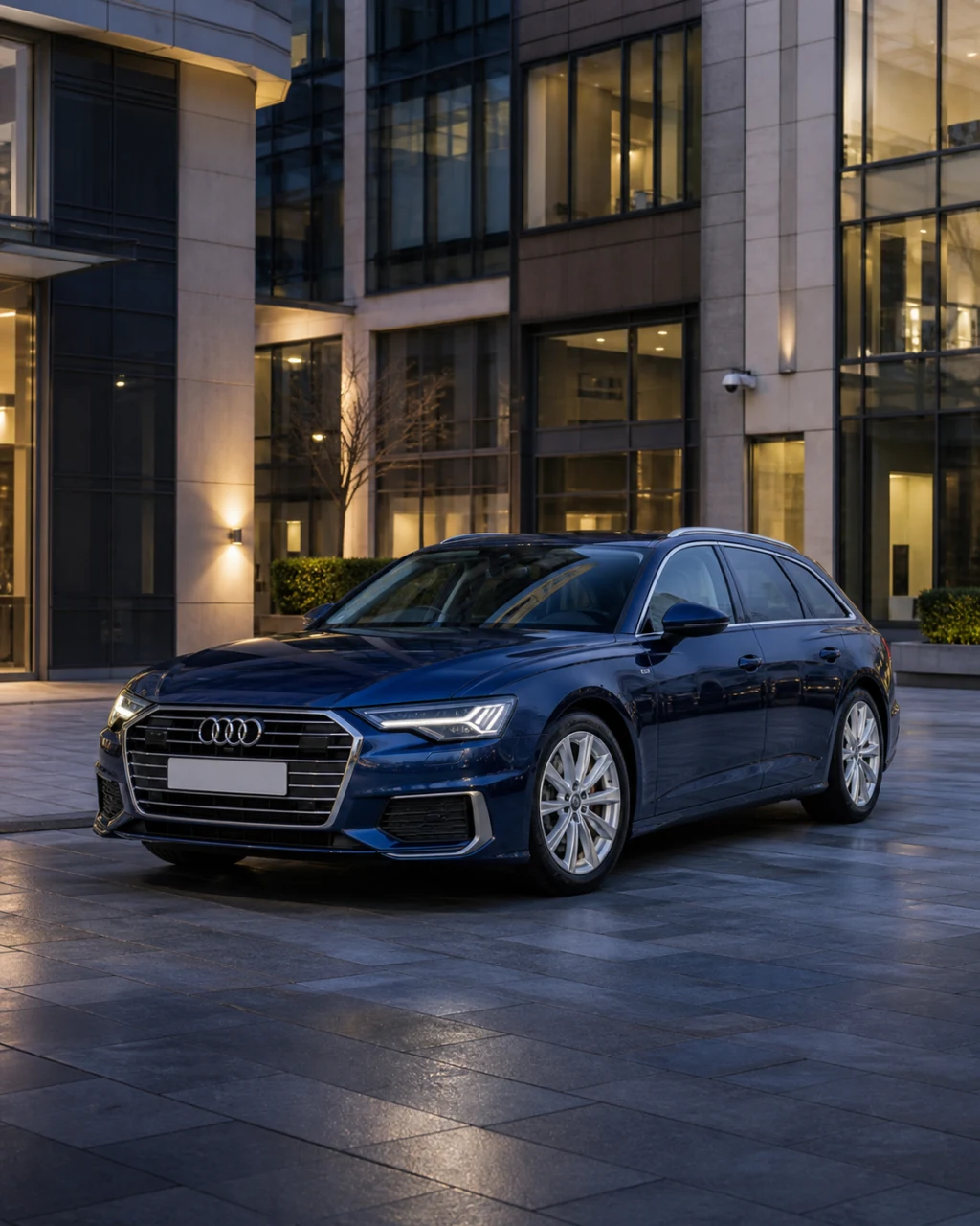 Navarra blue Audi A6 Avant parked outside a contemporary office