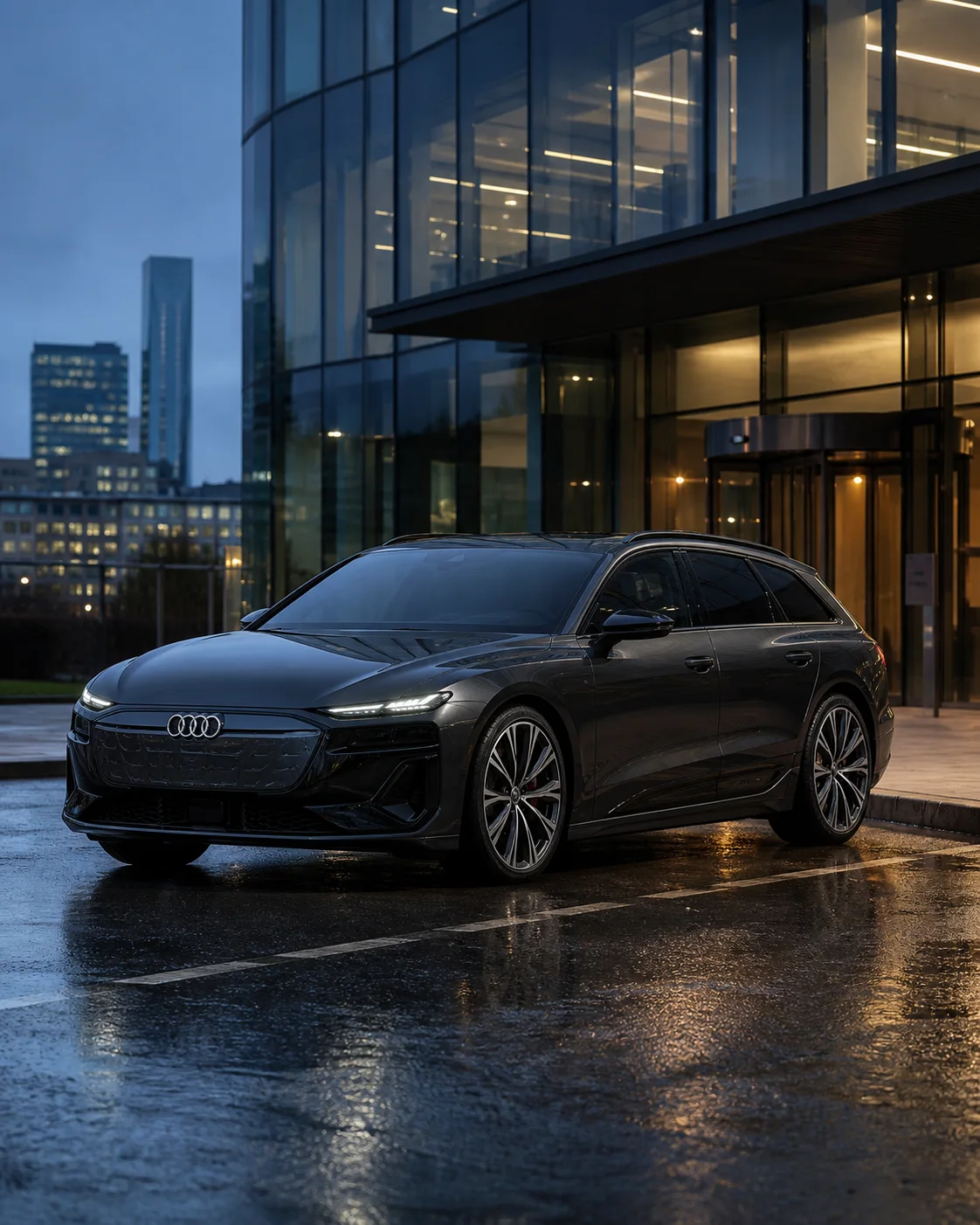 Premium Audi outside a contemporary city hotel