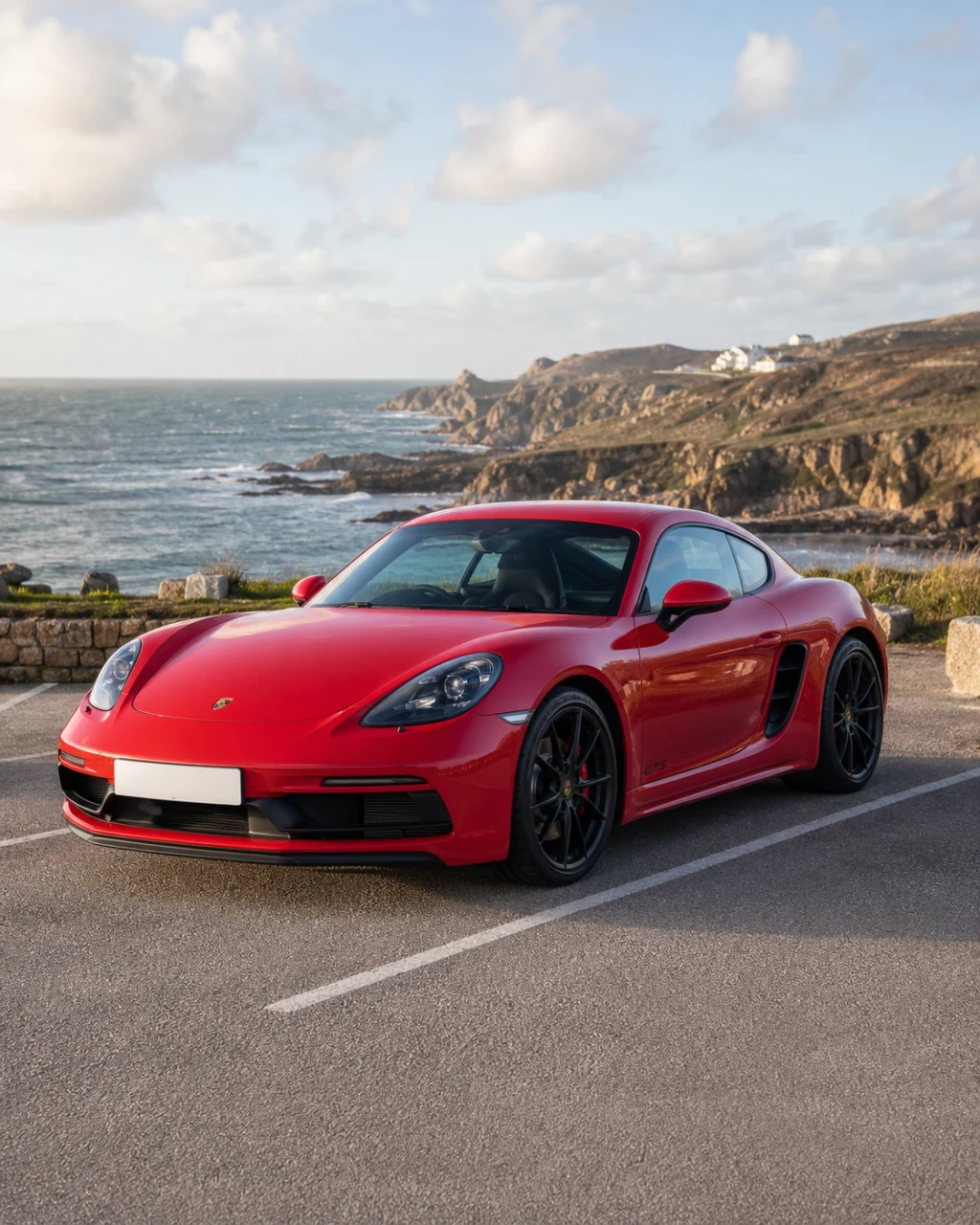 Red Porsche 718 Cayman parked at a British coastal viewpoint