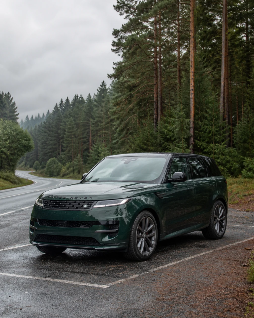 Deep green Range Rover Sport parked beside a British forest road
