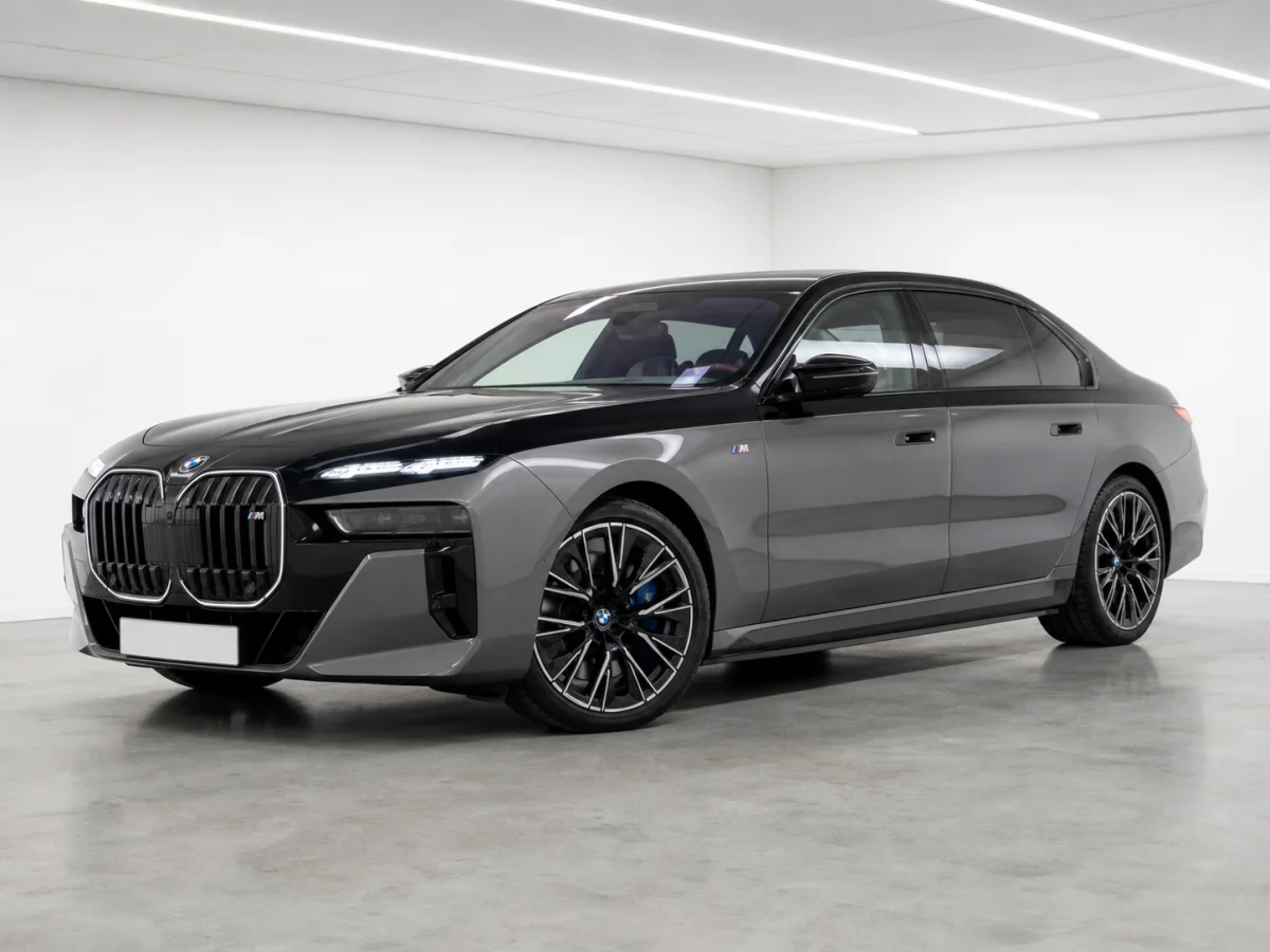 2026 BMW i7 M70 xDrive in a white LED showroom