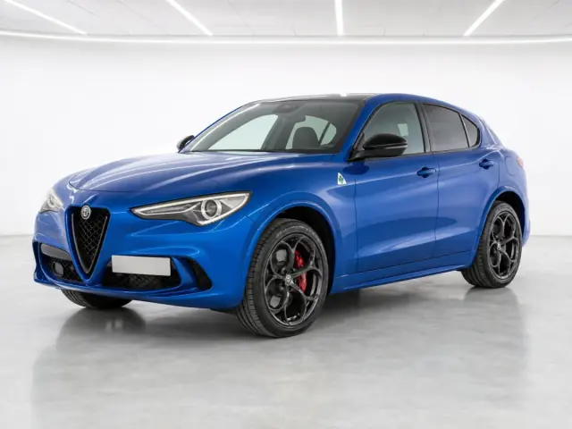2025 Alfa Romeo Stelvio Quadrifoglio photographed from the front-left in the K-CARS showroom