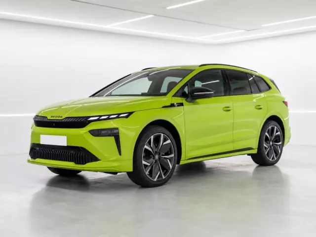 2026 Skoda Enyaq 85x SportLine Plus photographed from the front-left in the K-CARS showroom