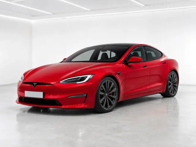 2025 Tesla Model S Plaid photographed from the front-left in the K-CARS showroom