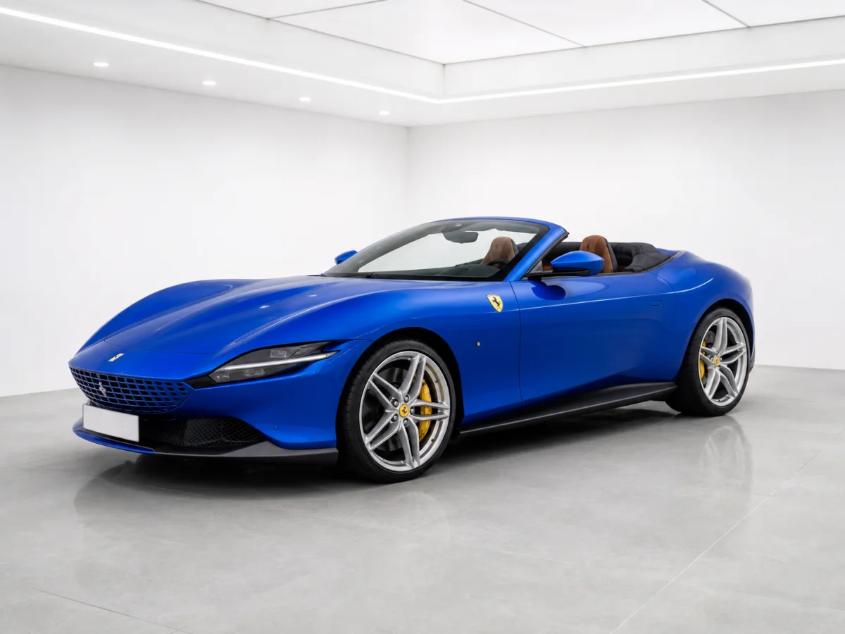 2025 Ferrari Roma Spider V8 in a white LED showroom