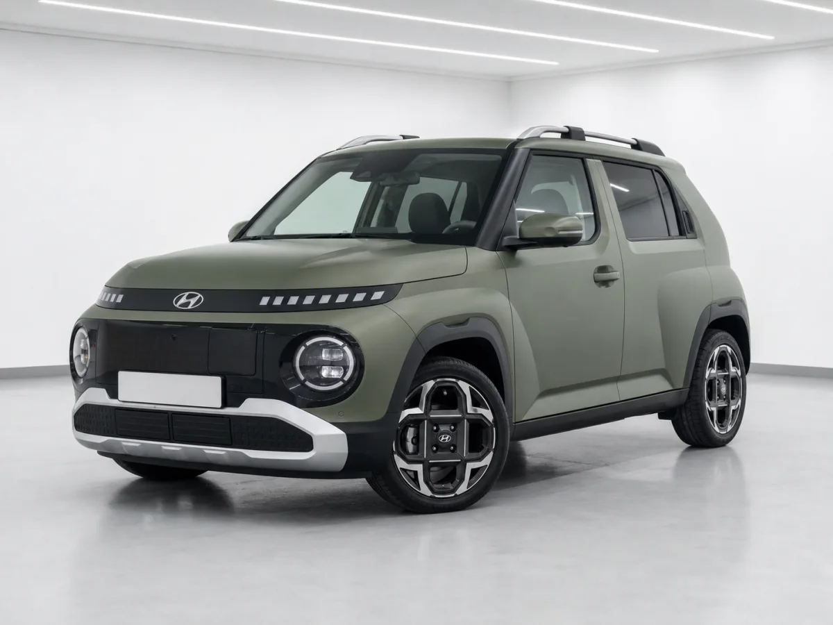 2026 Hyundai Inster Cross Long Range in a white LED showroom