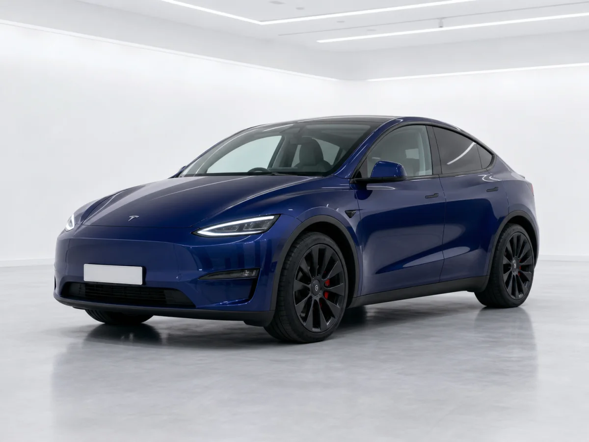 2026 Tesla Model Y Performance in a white LED showroom