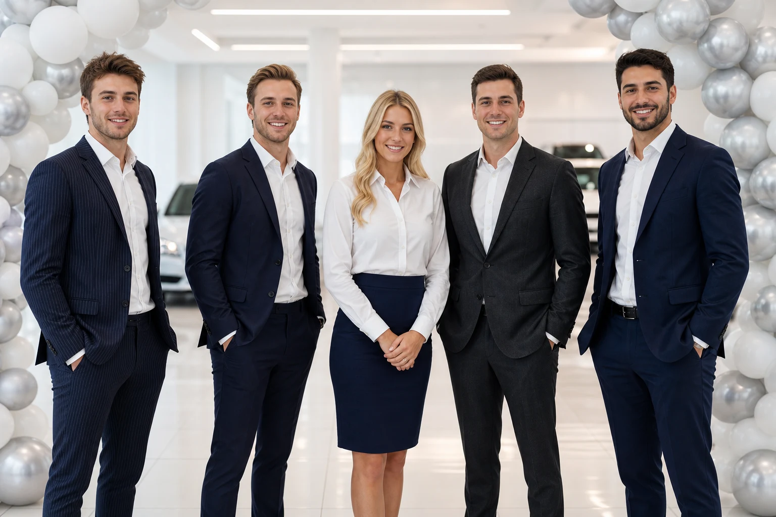 Representative five-person customer-care team in a bright dealership showroom
