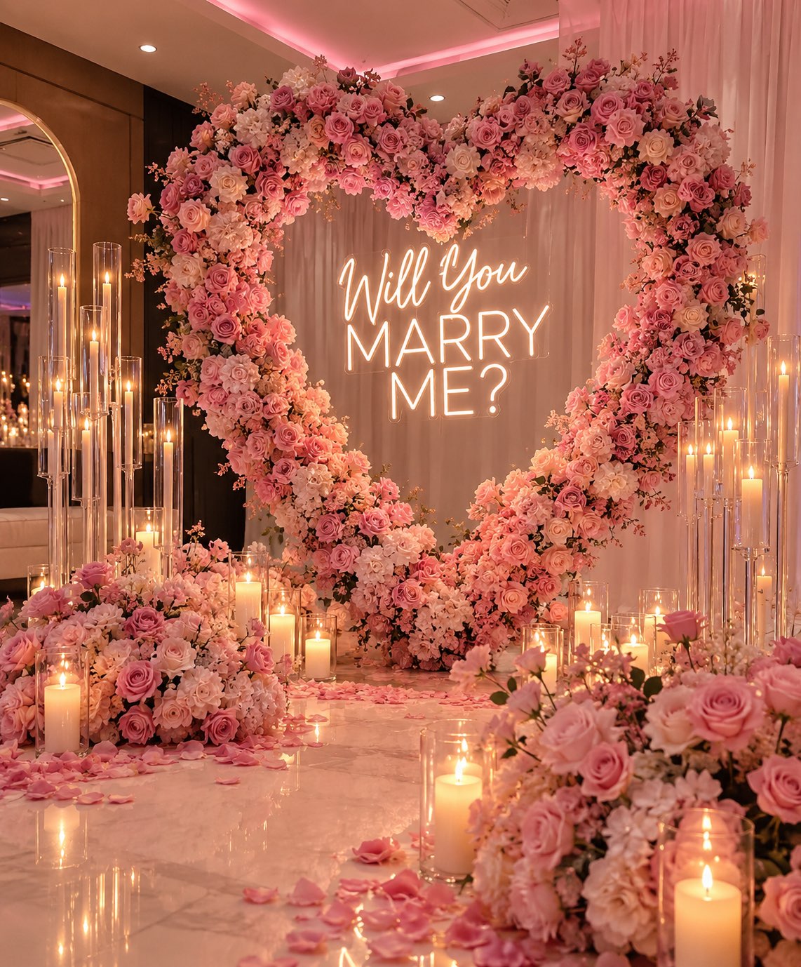Pink floral proposal display with candles