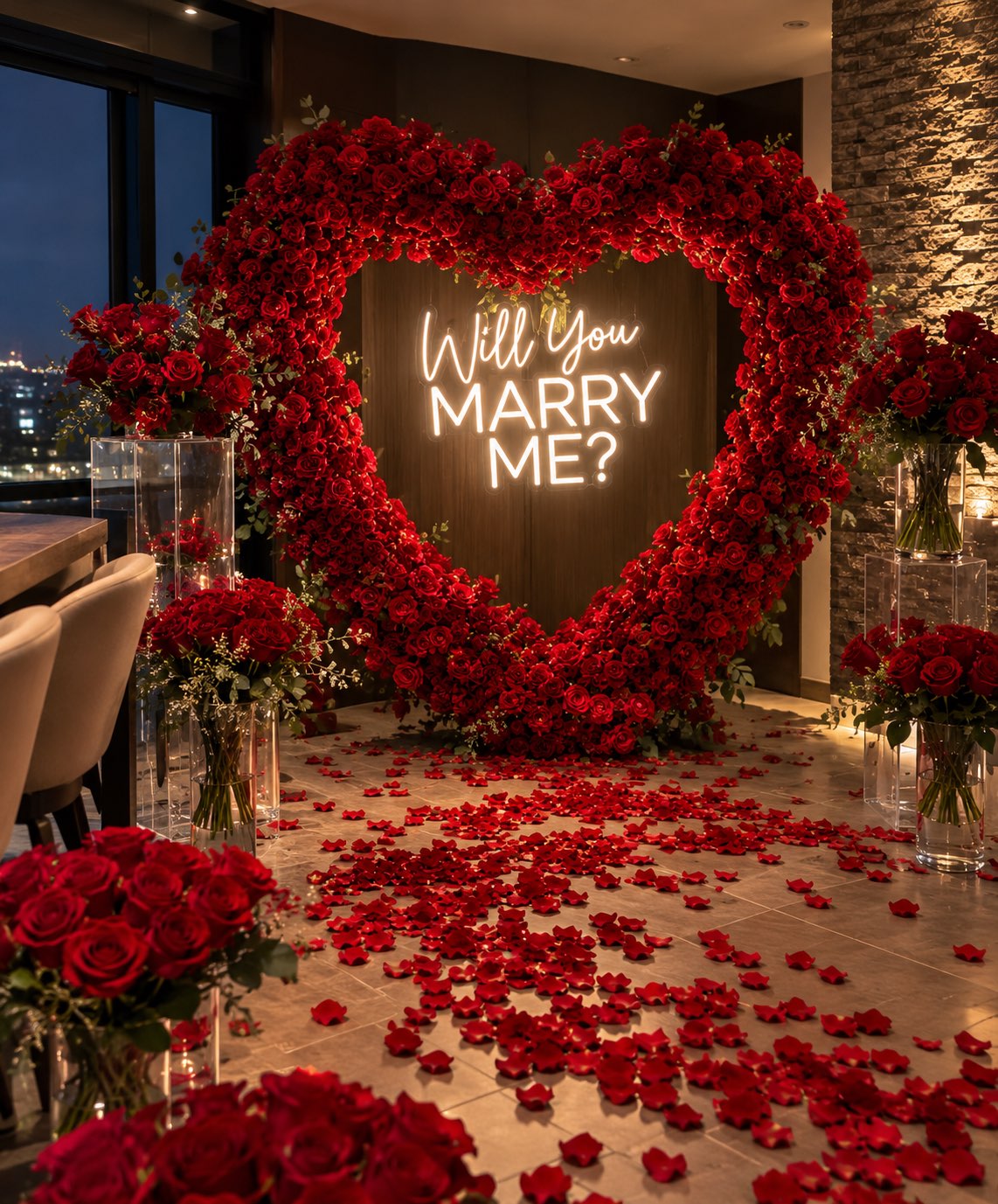 Red floral heart proposal display