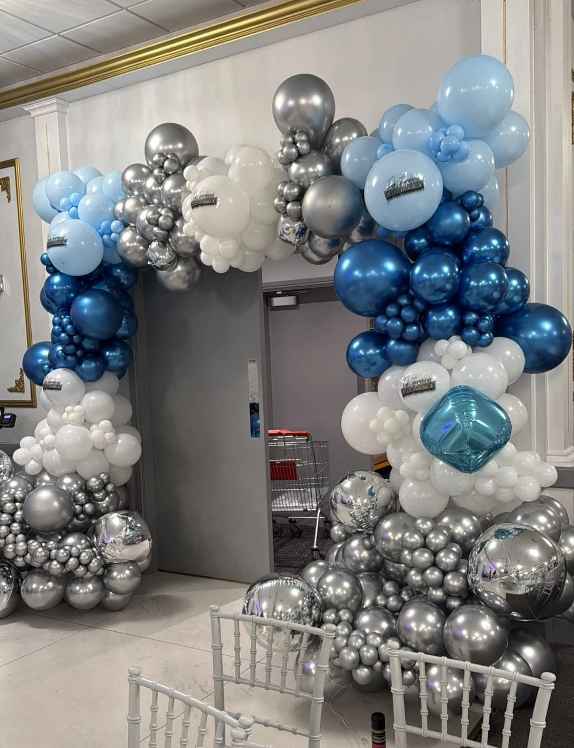 Blue, silver & white balloon arch