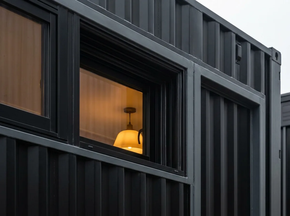 Detail of black container glazing, seals, and warm interior light