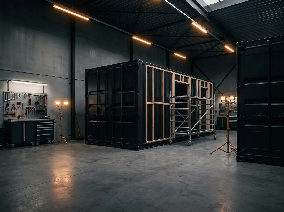 Clean workshop with black containers prepared for conversion