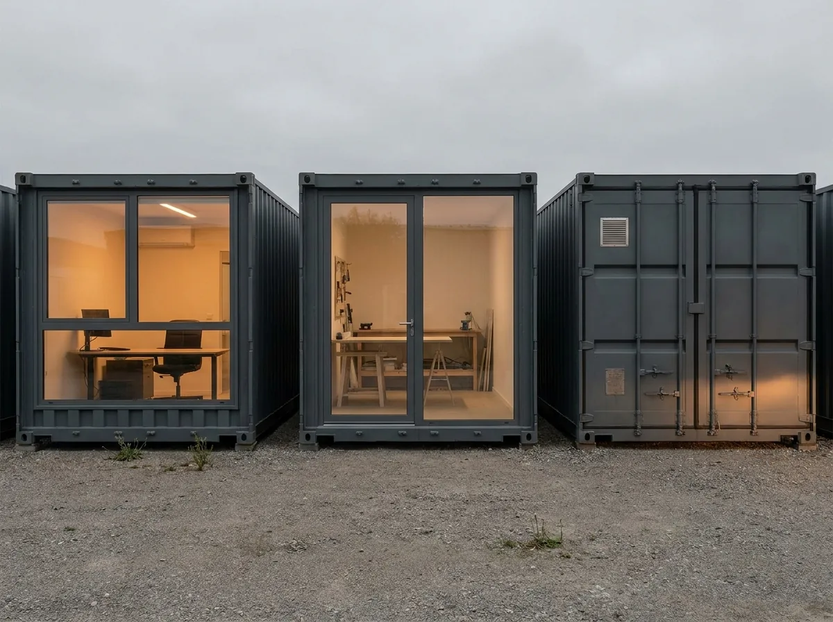 Row of black container conversions with warm interior lighting