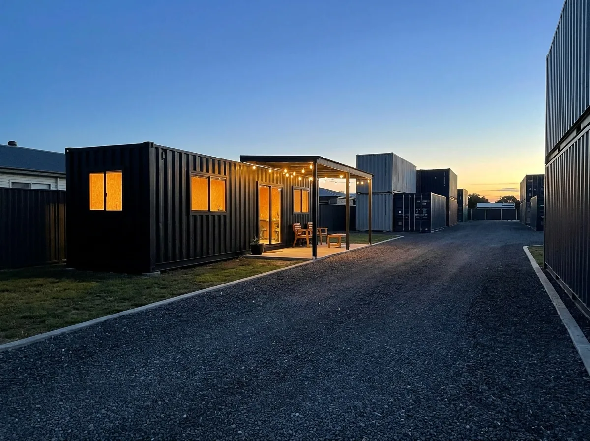 Tidy container yard entrance with black converted container and warm lights