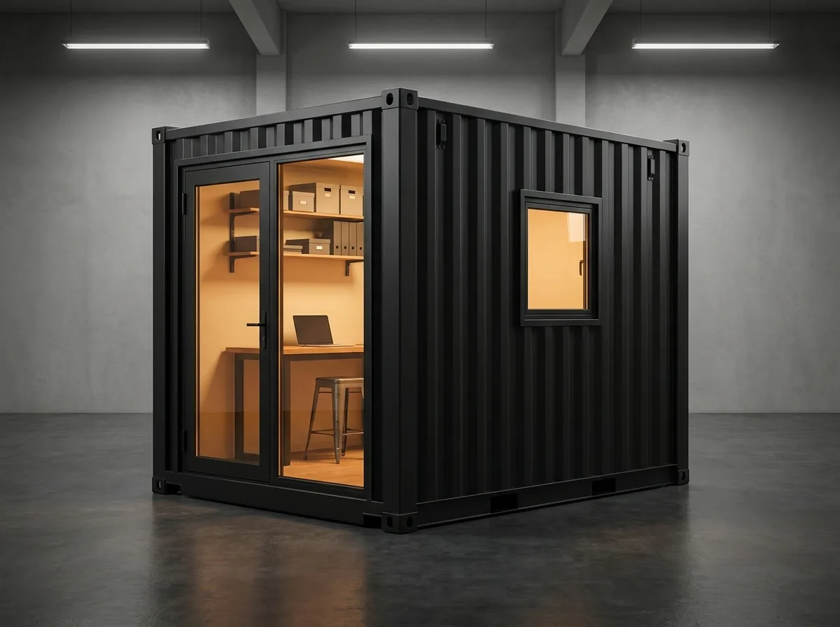 Compact 10ft black container conversion with glass door and warm lighting