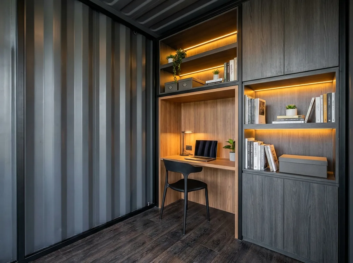 Interior of a compact 10ft container with desk nook and storage wall