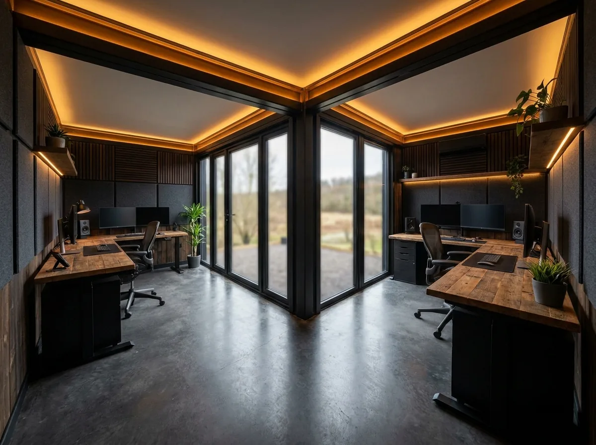 Interior of a 20ft container office with two desk positions and warm lighting