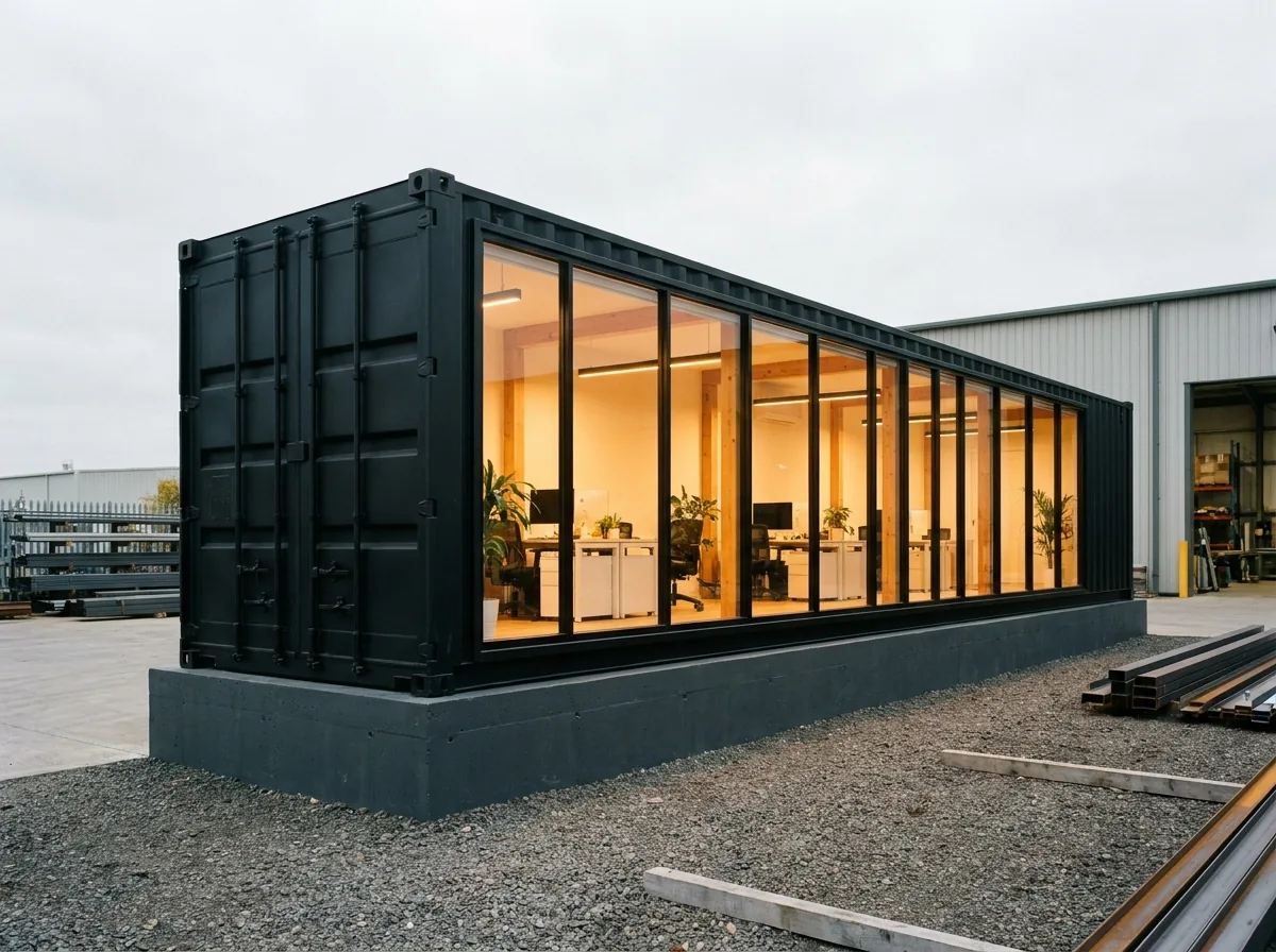 Long 40ft black container conversion with extended glazed frontage and warm lighting