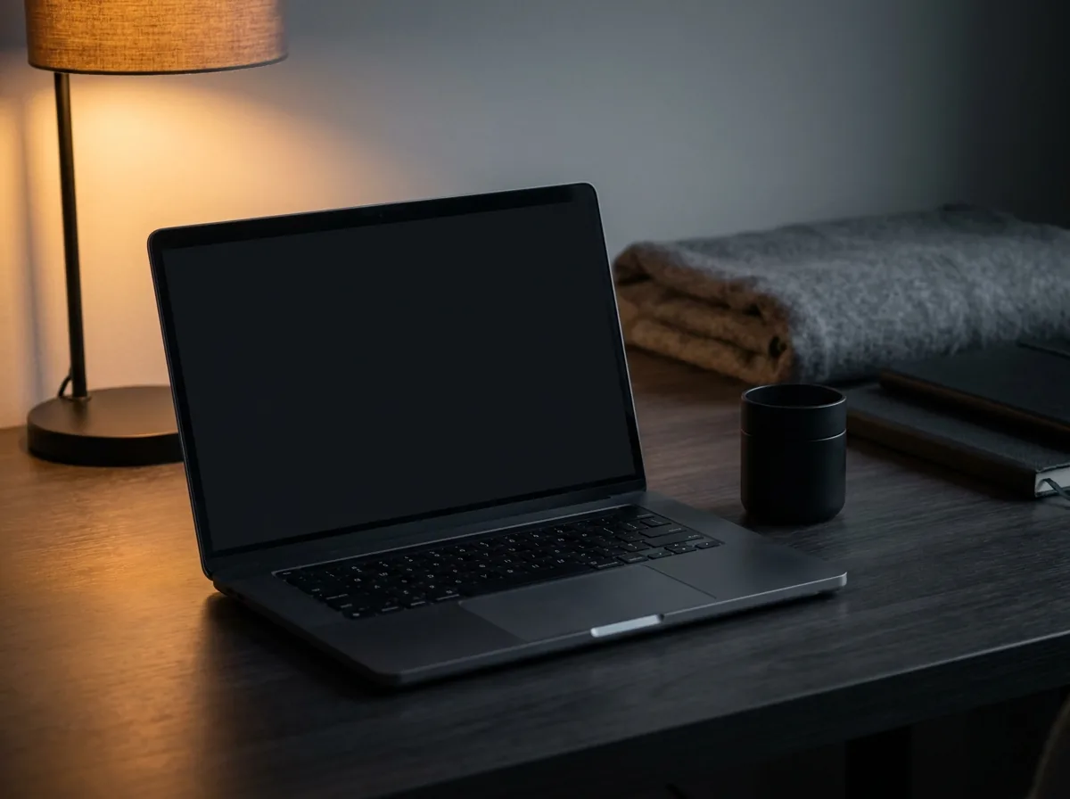 Dark desk with blank laptop screen and black container model