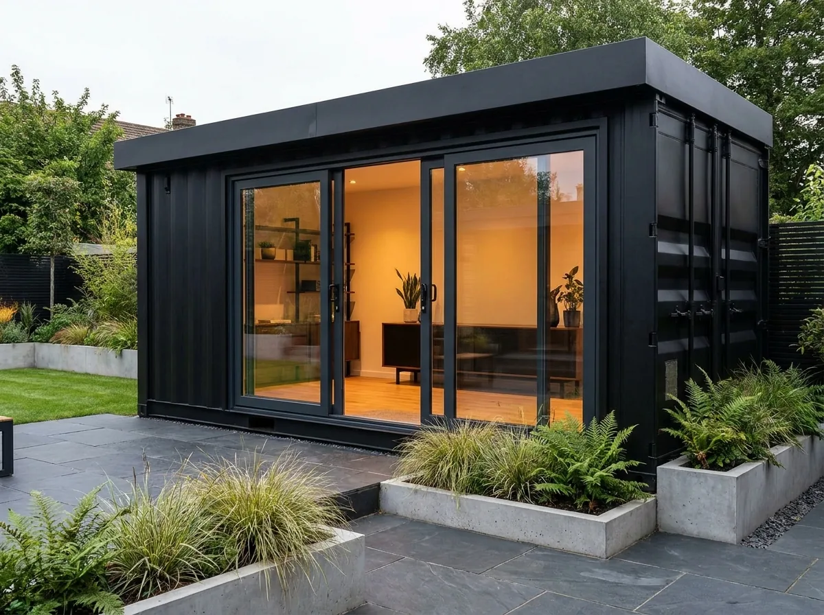 Black container garden studio with glass doors and warm lighting