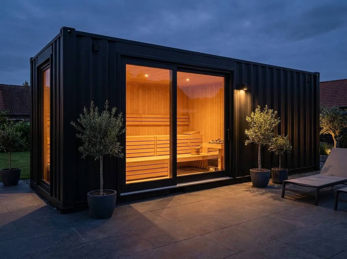 Black shipping container converted into a private sauna with warm timber interior