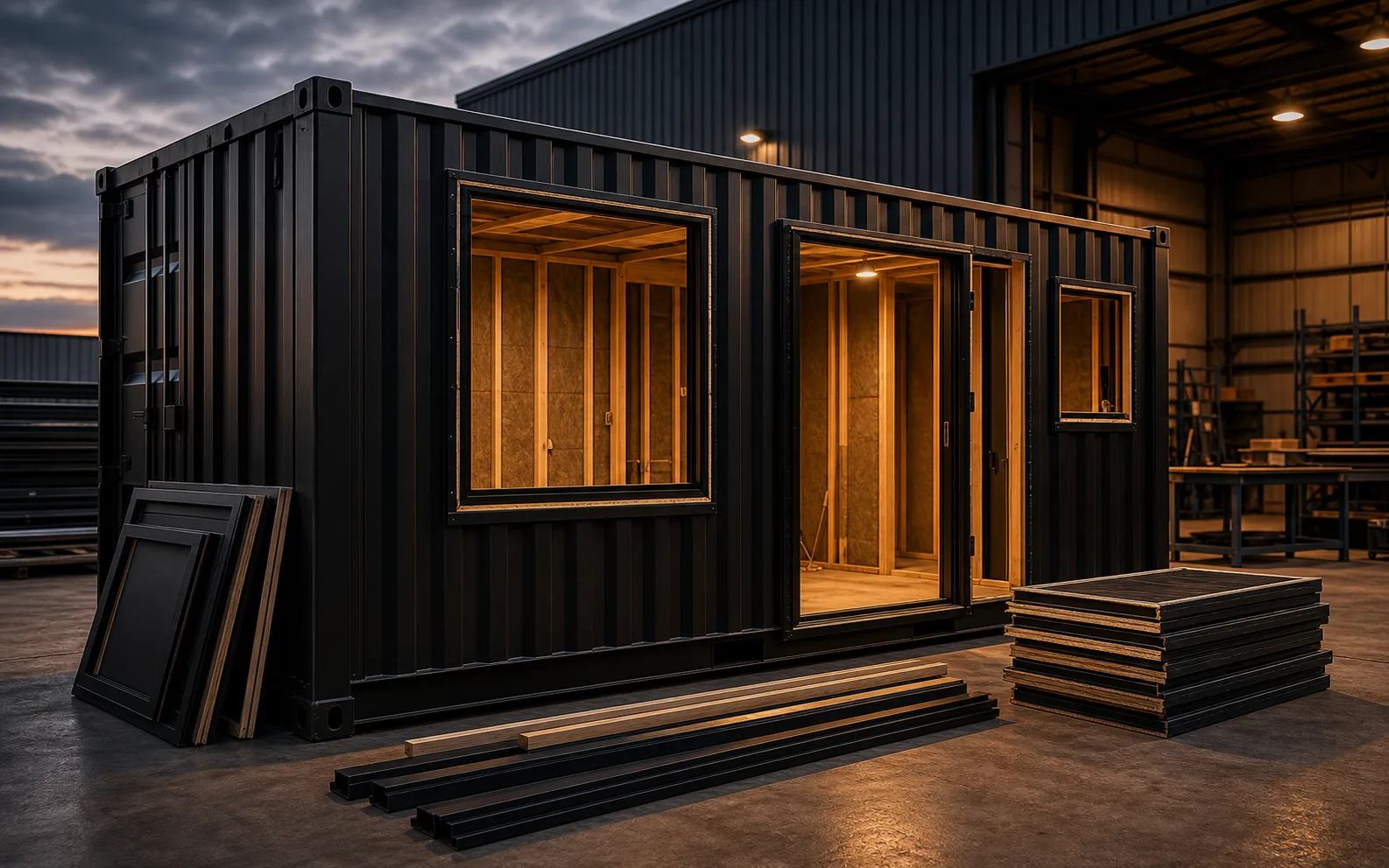 Black shipping container mid-conversion with framed openings and warm workshop lighting