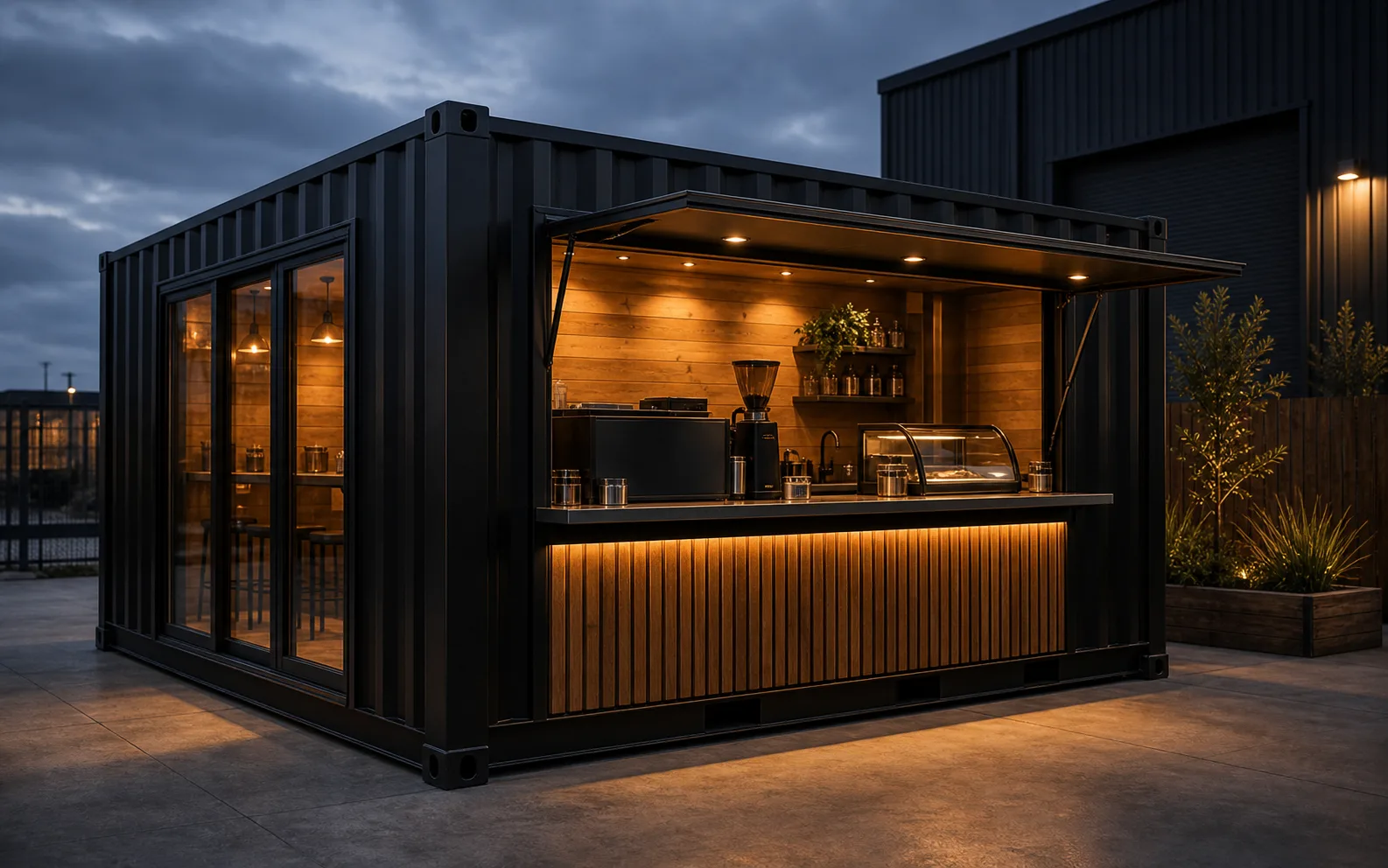 Finished black container conversion with open serving hatch and warm timber interior