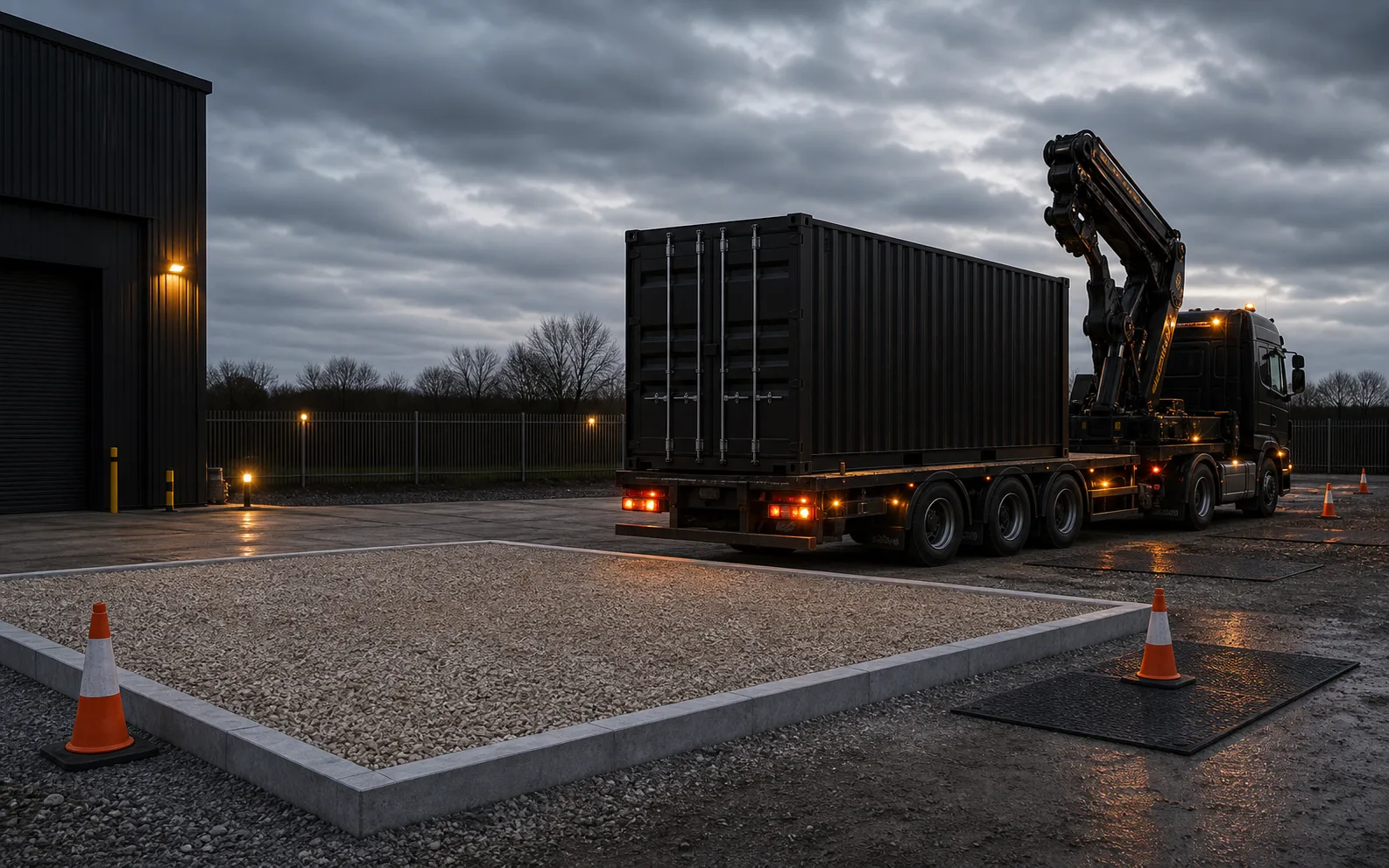 Crane lorry arriving with black shipping container beside a prepared delivery base
