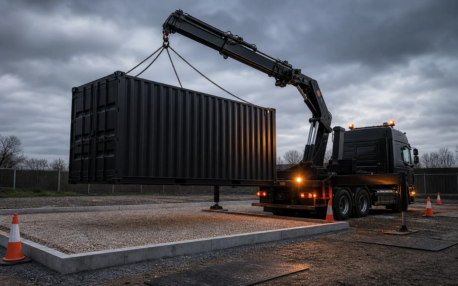 Black shipping container being safely placed by crane lorry