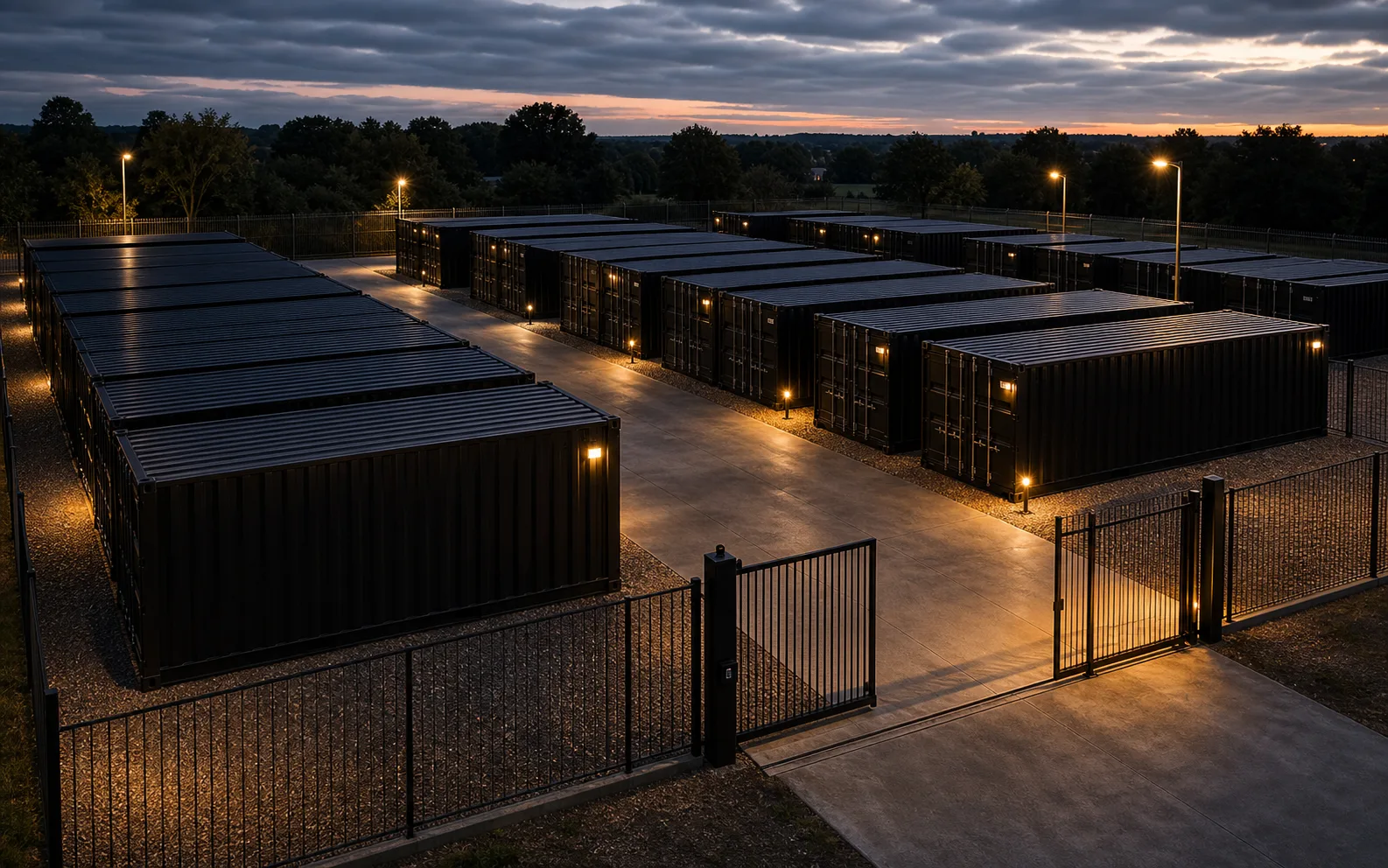 New self-storage container site with black units, wide drive aisles, and warm security lighting