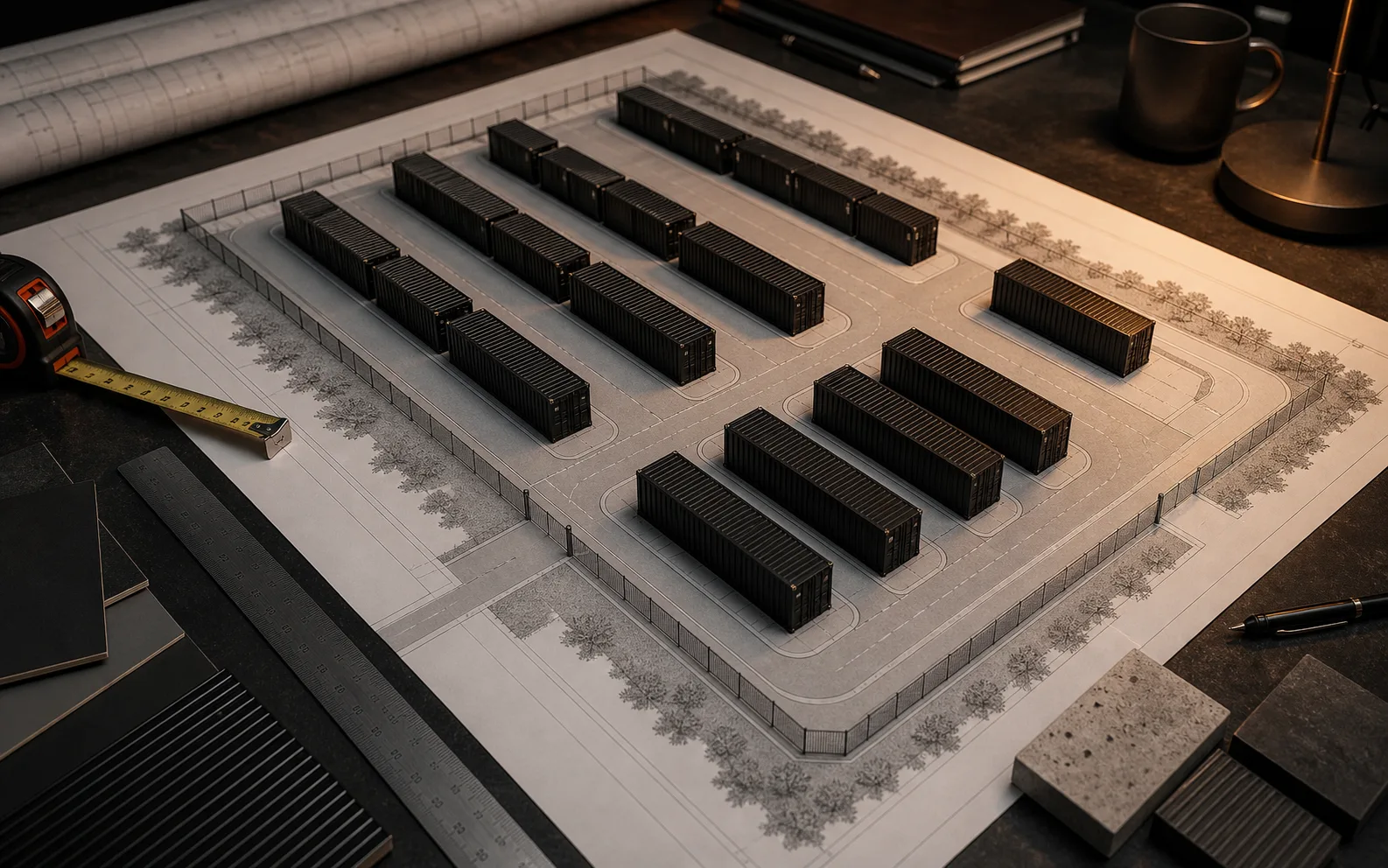 Self-storage container site planning model with rows of black container units