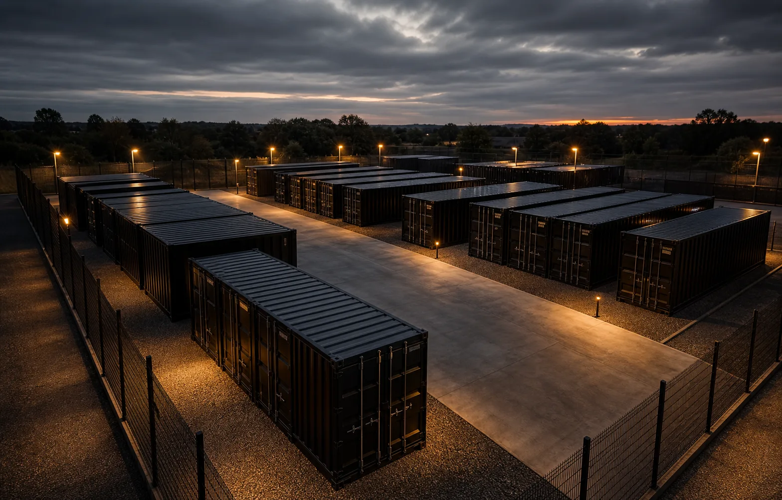 Organised container yard showing black units, access lanes, and UK-wide service capability