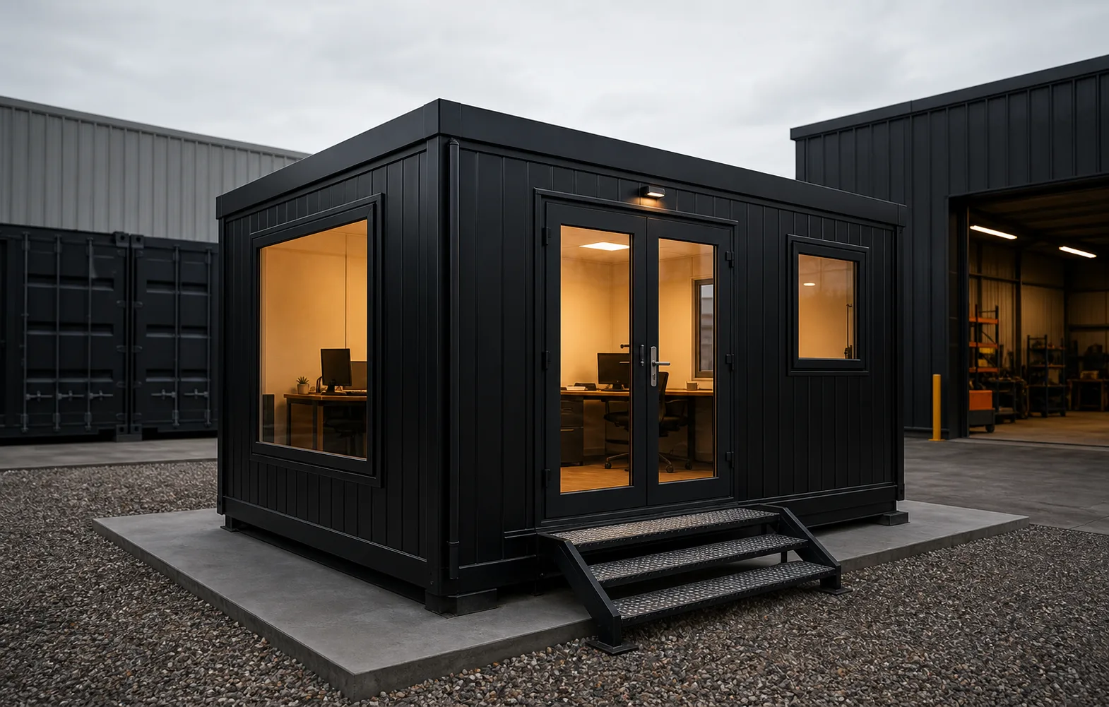 Black modular site cabin office with warm interior lighting