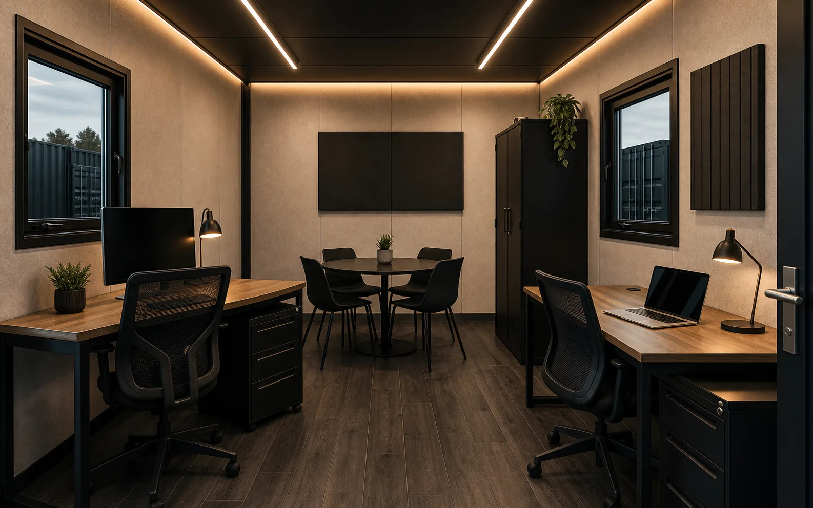 Practical modular site cabin office interior with desks and warm lighting