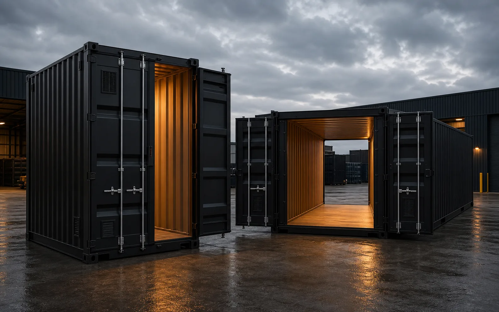 Specialist black high cube and tunnel containers with warm interior access lighting