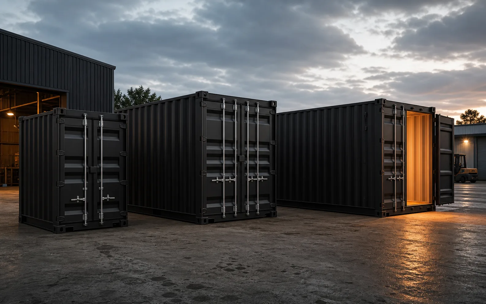 Standard matte black shipping containers in multiple sizes