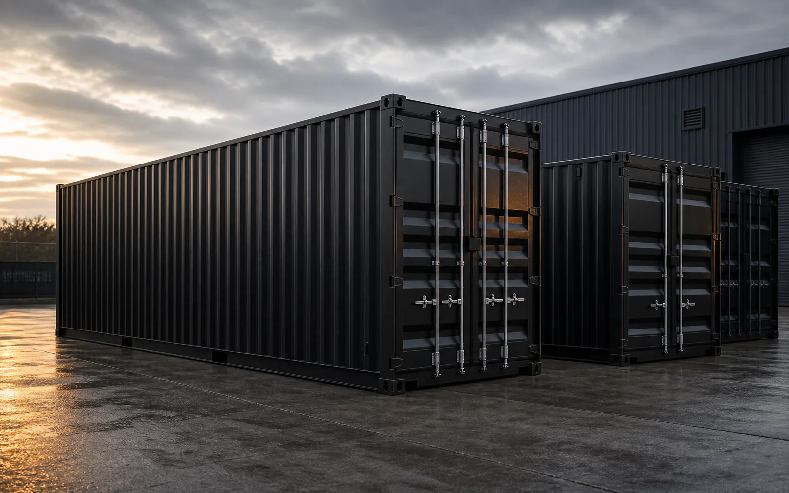 Matte black standard shipping containers arranged in a clean depot yard