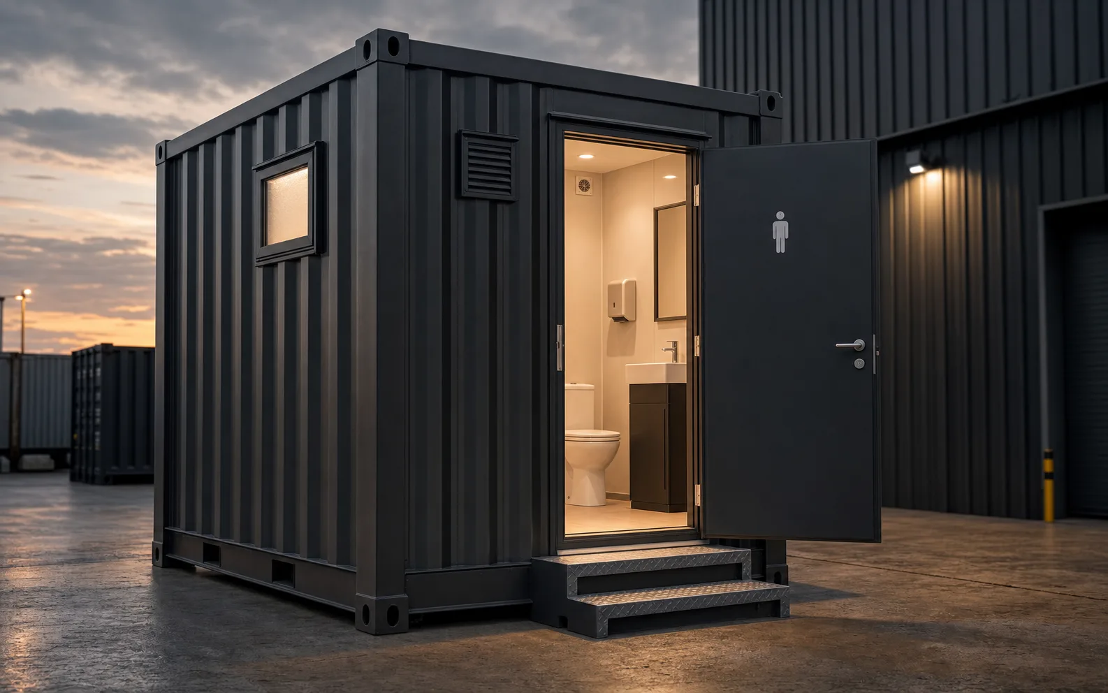 Black shipping container converted into a clean toilet cabin
