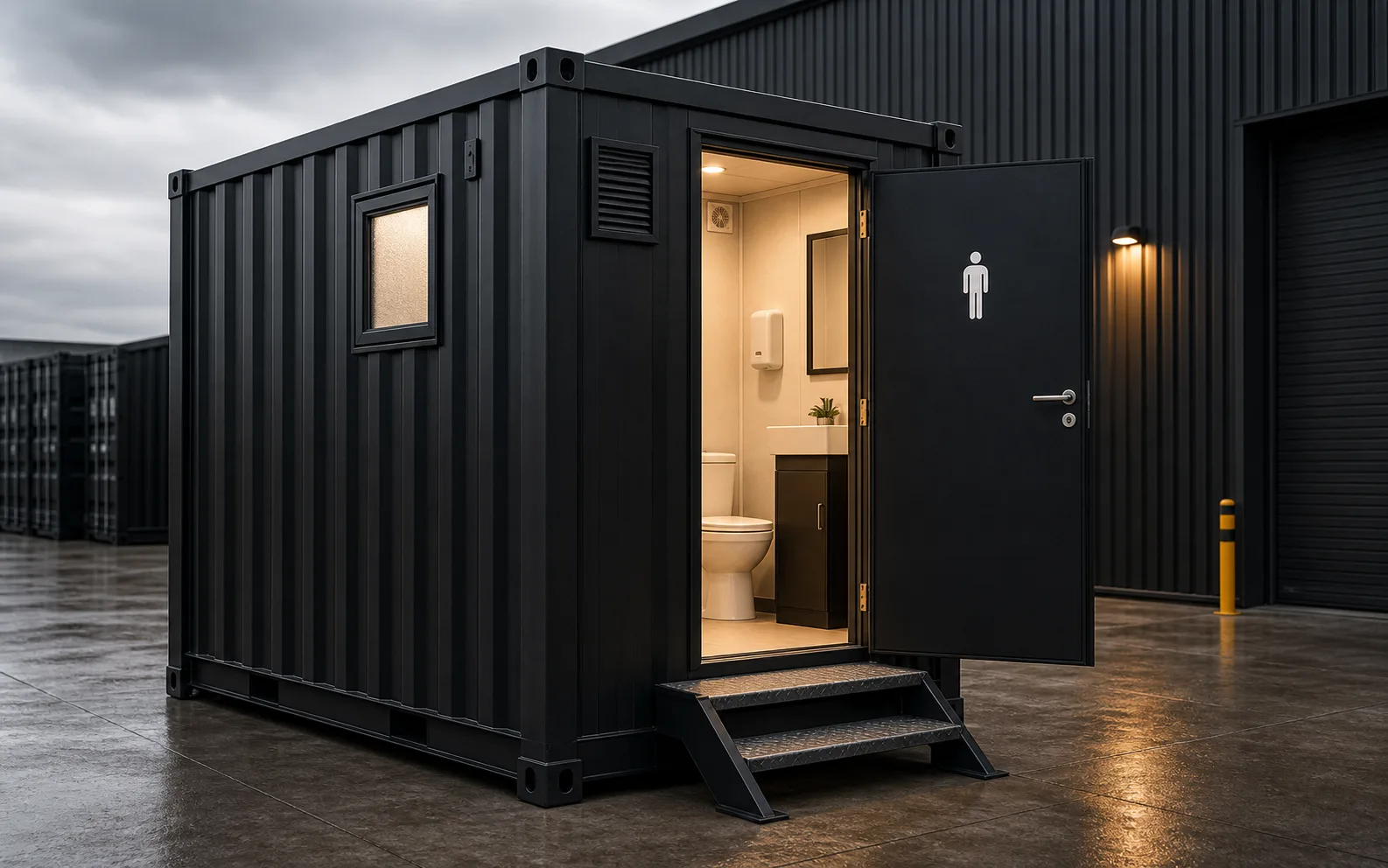 Black container toilet cabin with frosted window, access steps, and clean lit doorway
