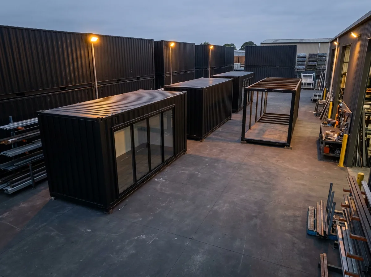 Tidy workshop yard with black shipping containers ready for conversion
