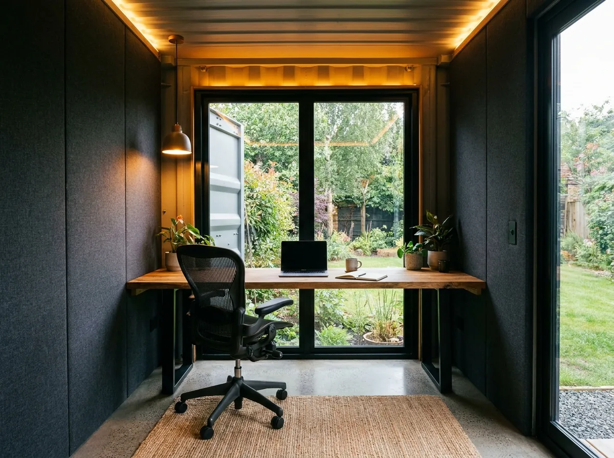 Interior workspace inside a black container garden office