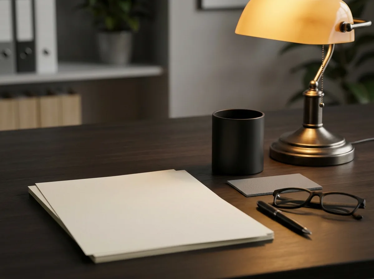 Dark office desk with blank papers and container material sample